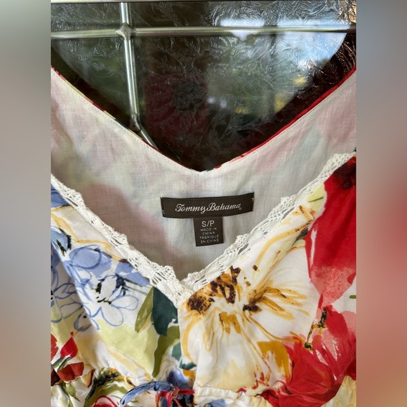 Tommy Bahama Cotton Silk Floral Drawstring Vneck Gathered Straps Small Dress - Picture 2 of 6